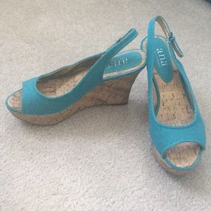 a.n.a. teal sling back wedge heel